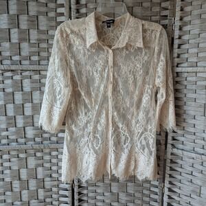 bebe Button Up Blouse Cream Floral Lace Sheer Eyelash Trim Sz L Bridal Etheral